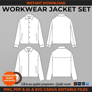 May include: Four white outline illustrations of a workwear jacket. The jackets have a button-up front, long sleeves, and two pockets on the front. The jackets are shown in different views: front, back, and two side views.