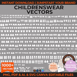 May include: A collection of over 1,000 children's clothing vector illustrations. The illustrations include shirts, trousers, dresses, skirts, jackets, and more. The illustrations are in black and white and are perfect for use in design projects.