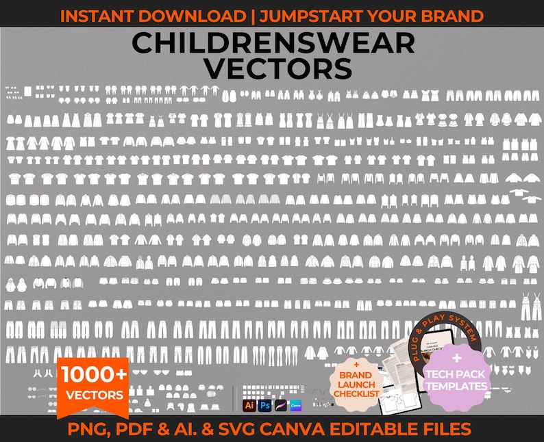 Downloadable childrenswear and baby clothing vectors. Fashion tech pack template for kids' clothing brands. Includes flat sketches, mock-ups, and tech drawings in AI, PDF, and PNG formats. Compatible with Adobe Illustrator, Photoshop, Procreate, and Canva.