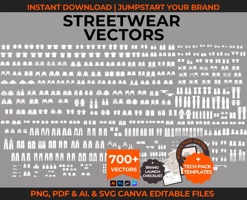 Downloadable activewear and streetwear vectors. Fashion tech pack template for clothing brands. Includes flat sketches, mock-ups, and tech drawings in AI, PDF, PNG formats. Compatible with Adobe Illustrator, Photoshop, Procreate, and Canva.