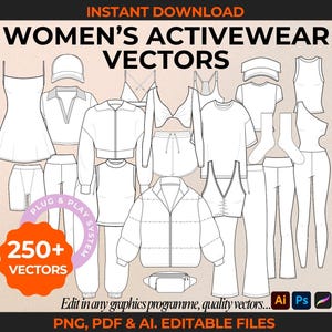 Op de afbeelding: Een set van 250+ vectorillustraties van dames sportkleding. De illustraties zijn in zwart-wit en omvatten een verscheidenheid aan tops, broeken, jassen en accessoires. De tekst "PLUG & PLAY SYSTEM" is zichtbaar in de afbeelding.