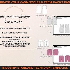 Downloadable childrenswear and baby clothing vectors. Fashion tech pack template for kids' clothing brands. Includes flat sketches, mock-ups, and tech drawings in AI, PDF, and PNG formats. Compatible with Adobe Illustrator, Photoshop, Procreate, and Canva.