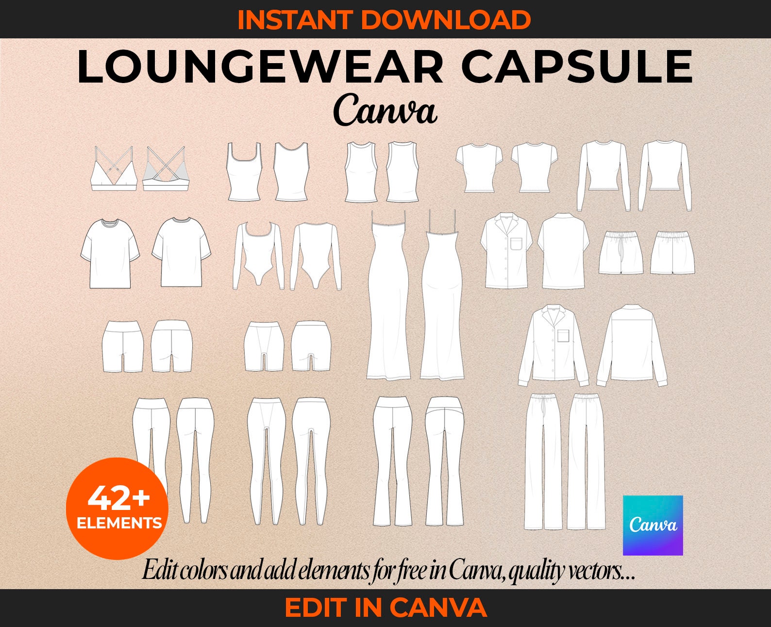 Plantilla de paquete de tecnología de fajas para ropa de estar en casa, dibujo técnico de Canva, maqueta de marca de ropa plana de moda, paquete de dibujo técnico, plantilla de diseño de moda