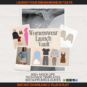 May include: An advertisement for a Womenswear Launch Vault, featuring a collage of fashion sketches and a model wearing a blue top and white skirt. The text includes "800+ Mock Ups" and "Instant Download // Plug & Play."