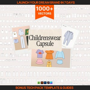 May include: A digital collection titled Childrenswear Capsule featuring 1000+ vectors, including various children's clothing outlines, illustrated garment sets, and tech pack templates with software icons for Adobe Illustrator, Photoshop, and Procreate.