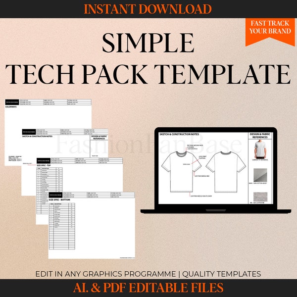 Simple Tech Pack Template Fashion Tech Pack Template Kit Hoodie Tech pack tee shirt Adobe Illustrator DIY Tech Pack Ai. PDF