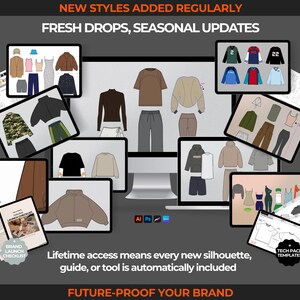 2100+ streetwear vectors clothing mockup bundle with fashion sketches, fashion drawings, flat sketches, and clothing vector templates. Includes hoodie mockups, t-shirt mockups, pants, shorts, and jacket flat sketches, perfect for creating fashion tech pack templates, streetwear clothing mockups, and apparel design presentations. Digital fashion drawings for fashion designers to use in tech packs, design development, and streetwear fashion projects.