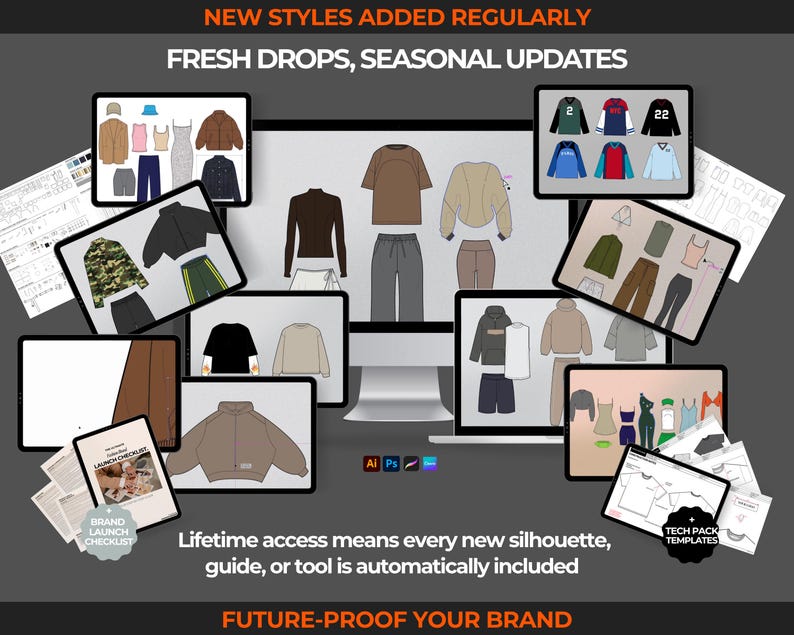 2100+ streetwear vectors clothing mockup bundle with fashion sketches, fashion drawings, flat sketches, and clothing vector templates. Includes hoodie mockups, t-shirt mockups, pants, shorts, and jacket flat sketches, perfect for creating fashion tech pack templates, streetwear clothing mockups, and apparel design presentations. Digital fashion drawings for fashion designers to use in tech packs, design development, and streetwear fashion projects.