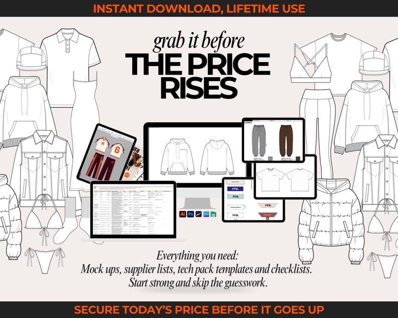 Massive streetwear vector bundle with 2100+ clothing mockups, fashion sketches, and flat fashion drawings. Includes hoodie vectors, tee mockups, outerwear flats, jogger sketches, and streetwear pants. Use for fashion design templates, digital clothing mockup presentations, and creating tech packs for streetwear fashion brands. Ideal for designers making streetwear fashion lines, brand launch collections, and digital tech pack templates across Adobe Illustrator, Canva, and Procreate.