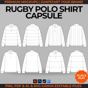 Może przedstawiać: Zbiór białych makiet koszulek polo rugby z długimi rękawami, prezentujących różne wzory pasków i jednolite wzory. Obraz zawiera tekst "RUGBY POLO SHIRT CAPSULE" oraz "PNG, PDF & AI. & SVG CANVA EDITABLE FILES."