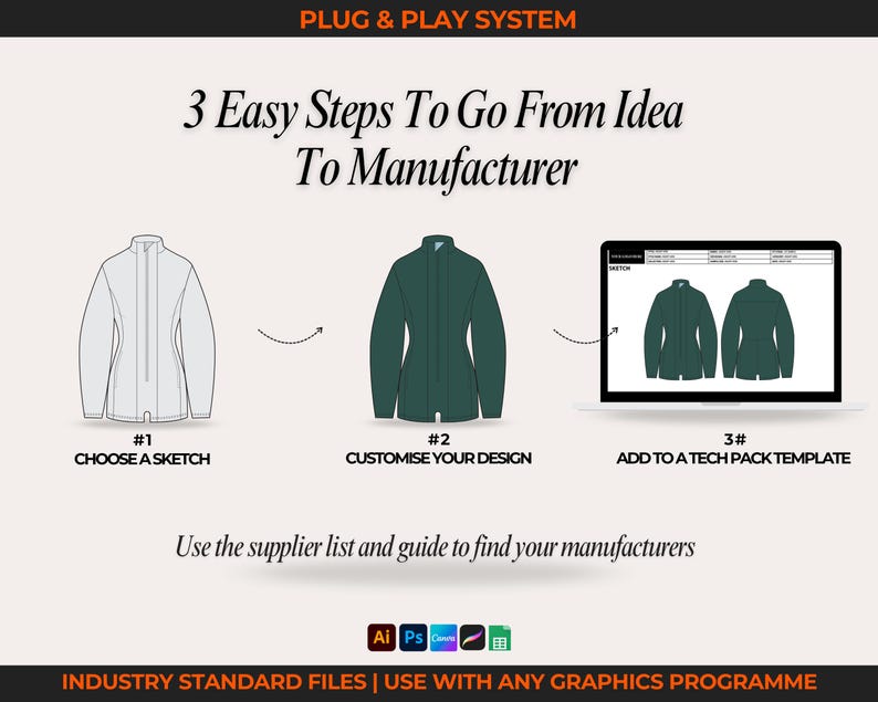 Massive streetwear vector bundle with 2100+ clothing mockups, fashion sketches, and flat fashion drawings. Includes hoodie vectors, tee mockups, outerwear flats, jogger sketches, and streetwear pants. Use for fashion design templates, digital clothing mockup presentations, and creating tech packs for streetwear fashion brands. Ideal for designers making streetwear fashion lines, brand launch collections, and digital tech pack templates across Adobe Illustrator, Canva, and Procreate.