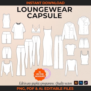 May include: A set of 34 vector mockups for loungewear, including tops, pants, shorts, and a dress. The mockups are in black and white and are editable in Adobe Illustrator, Photoshop, and other graphics programs.