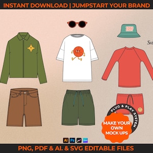 Downloadable childrenswear and baby clothing vectors. Fashion tech pack template for kids' clothing brands. Includes flat sketches, mock-ups, and tech drawings in AI, PDF, and PNG formats. Compatible with Adobe Illustrator, Photoshop, Procreate, and Canva.