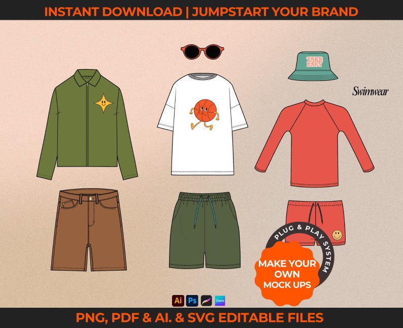 Downloadable childrenswear and baby clothing vectors. Fashion tech pack template for kids' clothing brands. Includes flat sketches, mock-ups, and tech drawings in AI, PDF, and PNG formats. Compatible with Adobe Illustrator, Photoshop, Procreate, and Canva.