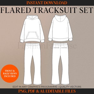 Flared Tracksuit Vector Oversized Hoodie Mock up Sweatshirt Drawing Jogger Streetwear Vector Mockup Template Fashion Tech Pack Template