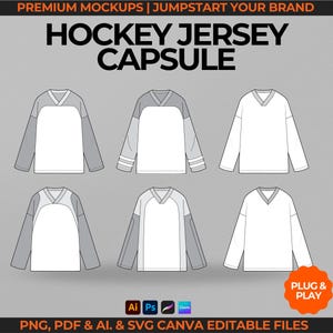 Könnte beinhalten: Grafik mit sechs Hockey-Trikot-Designs in Weiß und Grau. Die Trikots haben einen V-Ausschnitt und lange Ärmel. Der Text oben lautet "HOCKEY JERSEY CAPSULE". Das Bild enthält auch den Text "PNG, PDF & AI. & SVG CANVA EDITABLE FILES".