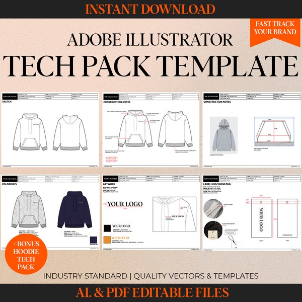 Fashion Tech Pack Template Kit Adobe Illustrator DIY Tech Pack Ai. PDF