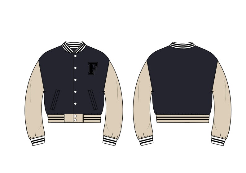 Varsity Jacket Drawing Bomber Jacket Letterman Jacket Fashion Flat Streetwear Tech Pack Template