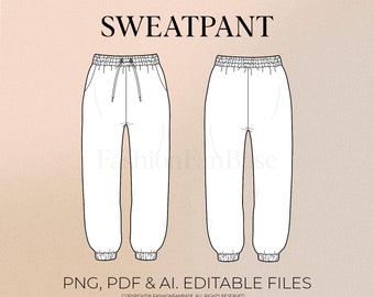 May include: Line drawing of a pair of sweatpants with an elastic waistband and drawstring. The sweatpants have a cuffed bottom. The image includes the text "SWEATPANT" and "PNG, PDF & AI. EDITABLE FILES".