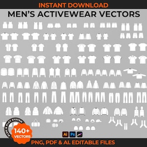 Op de afbeelding: Een set van 140+ vectorillustraties van sportkleding voor mannen. De illustraties omvatten T-shirts, tanktops, shorts, broeken, jassen en accessoires. De illustraties zijn in zwart-wit en zijn bewerkbaar in Adobe Illustrator, Photoshop en andere vectorbewerkingssoftware.
