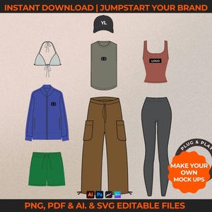 Downloadable activewear and streetwear vectors. Fashion tech pack template for clothing brands. Includes flat sketches, mock-ups, and tech drawings in AI, PDF, PNG formats. Compatible with Adobe Illustrator, Photoshop, Procreate, and Canva.