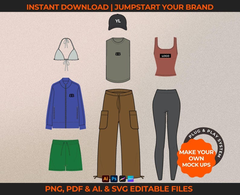 Downloadable activewear and streetwear vectors. Fashion tech pack template for clothing brands. Includes flat sketches, mock-ups, and tech drawings in AI, PDF, PNG formats. Compatible with Adobe Illustrator, Photoshop, Procreate, and Canva.
