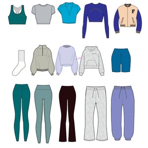 Puede incluir: Una colecci&oacute;n de prendas de vestir que incluye un sujetador deportivo azul, una camiseta gris de manga corta, una camiseta azul de manga corta, un top corto azul de manga larga con el texto "YOUR LOGO", una chaqueta de b&eacute;isbol beige con la letra "F" en la espalda, un su&eacute;ter gris, un su&eacute;ter azul, una sudadera gris con el texto "WRISTBAND", un short azul, unos leggings color teal, unos leggings azul claro, unos pantalones negros acampanados, unos pantalones de ch&aacute;ndal grises y unos pantalones de ch&aacute;ndal azul claro.