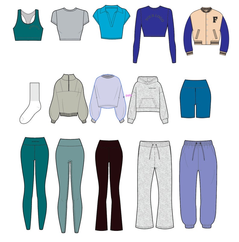 Puede incluir: Una colecci&oacute;n de prendas de vestir que incluye un sujetador deportivo azul, una camiseta gris de manga corta, una camiseta azul de manga corta, un top corto azul de manga larga con el texto "YOUR LOGO", una chaqueta de b&eacute;isbol beige con la letra "F" en la espalda, un su&eacute;ter gris, un su&eacute;ter azul, una sudadera gris con el texto "WRISTBAND", un short azul, unos leggings color teal, unos leggings azul claro, unos pantalones negros acampanados, unos pantalones de ch&aacute;ndal grises y unos pantalones de ch&aacute;ndal azul claro.