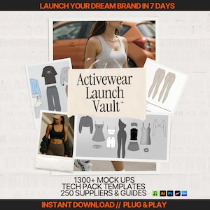 Puede incluir: Imagen promocional de recursos de diseño de ropa deportiva. El texto central dice "Activewear Launch Vault" con texto de apoyo que indica más de 1300 maquetas, plantillas de paquetes técnicos y 250 proveedores. La imagen incluye bocetos de ropa deportiva.