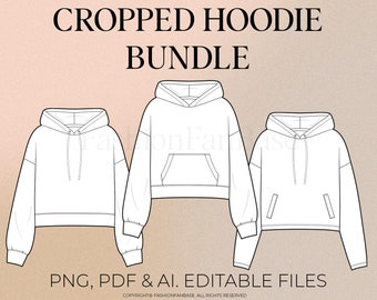 Cropped Hoodie Zeichnung Sweatshirt Zeichnung Bundle Technische Flat Tech Pack Vorlage Fashion Design Template Illustrator Procreate PDF