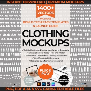 Puede incluir: Descarga digital de maquetas de ropa con más de 1400 vectores. Incluye plantillas de paquete técnico de bonificación y una guía de lanzamiento. Compatible con Illustrator, Photoshop, Canva y Procreate. Unisex, streetwear, activewear y accesorios.