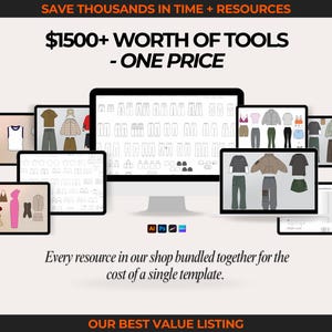 Massive streetwear vector bundle with 2100+ clothing mockups, fashion sketches, and flat fashion drawings. Includes hoodie vectors, tee mockups, outerwear flats, jogger sketches, and streetwear pants. Use for fashion design templates, digital clothing mockup presentations, and creating tech packs for streetwear fashion brands. Ideal for designers making streetwear fashion lines, brand launch collections, and digital tech pack templates across Adobe Illustrator, Canva, and Procreate.