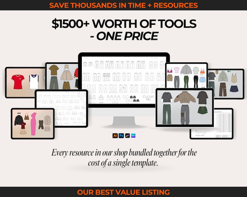 Massive streetwear vector bundle with 2100+ clothing mockups, fashion sketches, and flat fashion drawings. Includes hoodie vectors, tee mockups, outerwear flats, jogger sketches, and streetwear pants. Use for fashion design templates, digital clothing mockup presentations, and creating tech packs for streetwear fashion brands. Ideal for designers making streetwear fashion lines, brand launch collections, and digital tech pack templates across Adobe Illustrator, Canva, and Procreate.