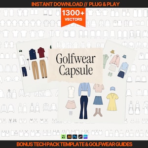 Puede incluir: Una colección digital de más de 1300 ilustraciones vectoriales con diseños de ropa de golf. El gráfico muestra el texto Golfwear Capsule junto a varios artículos de vestir, incluyendo camisas, pantalones, faldas y chaquetas de varios colores.