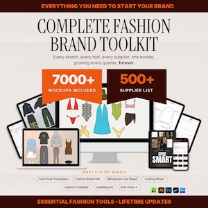 以下が含まれることがあります： Complete Fashion Brand Toolkitというタイトルのデジタルツールキットで、7000以上のモックアップと500以上のサプライヤーリストが含まれています。グラフィックには、コンピューター画面やモバイルデバイス上のさまざまな衣類のスケッチと、技術パックやラインシートのラベルが表示されています。