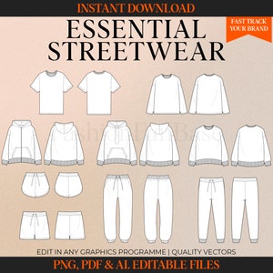 Essential Streetwear Vectors Casualwear Sketches Hoodie Drawing Streetwear Tech Pack Template Fashion Flat Clothing Mock Up Fashion Design