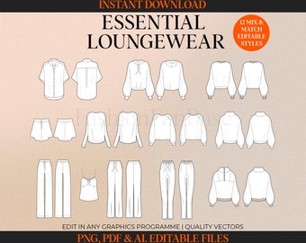 Loungewear Tech Zeichnung Hoodie Tech Pack Vorlage Mode Flache Kleidung Marke Mock-up Tech Zeichnung Bundle Mode-Design-Vorlage Freizeitkleidung