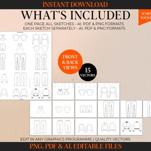 STREETWEAR VECTORS Fashion Tech Pack Template Kit Fashion Design Templates Fashion Drawings Fashion Sketches Clothing Mock Ups streetwear tech pack Clothing design activewear designs merch designs activewear designer fashion flats tech drawings