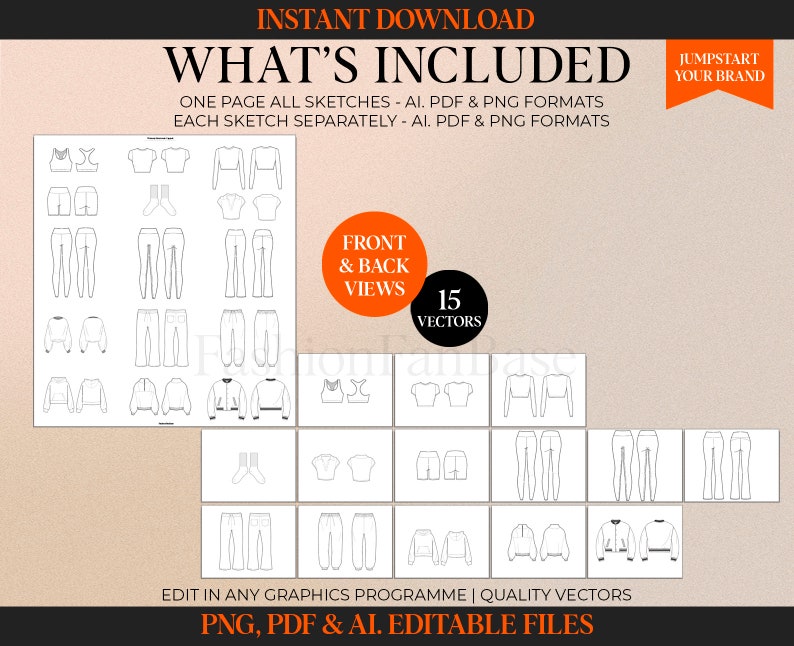STREETWEAR VECTORS Fashion Tech Pack Template Kit Fashion Design Templates Fashion Drawings Fashion Sketches Clothing Mock Ups streetwear tech pack Clothing design activewear designs merch designs activewear designer fashion flats tech drawings
