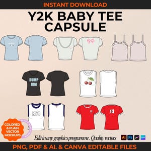 Y2K Baby Tee Mockup Streetwear Vector Fashion Flat T-Shirt Tech Pack Template Clothing Mock up Tech Drawing Bundle Fashion Design Template