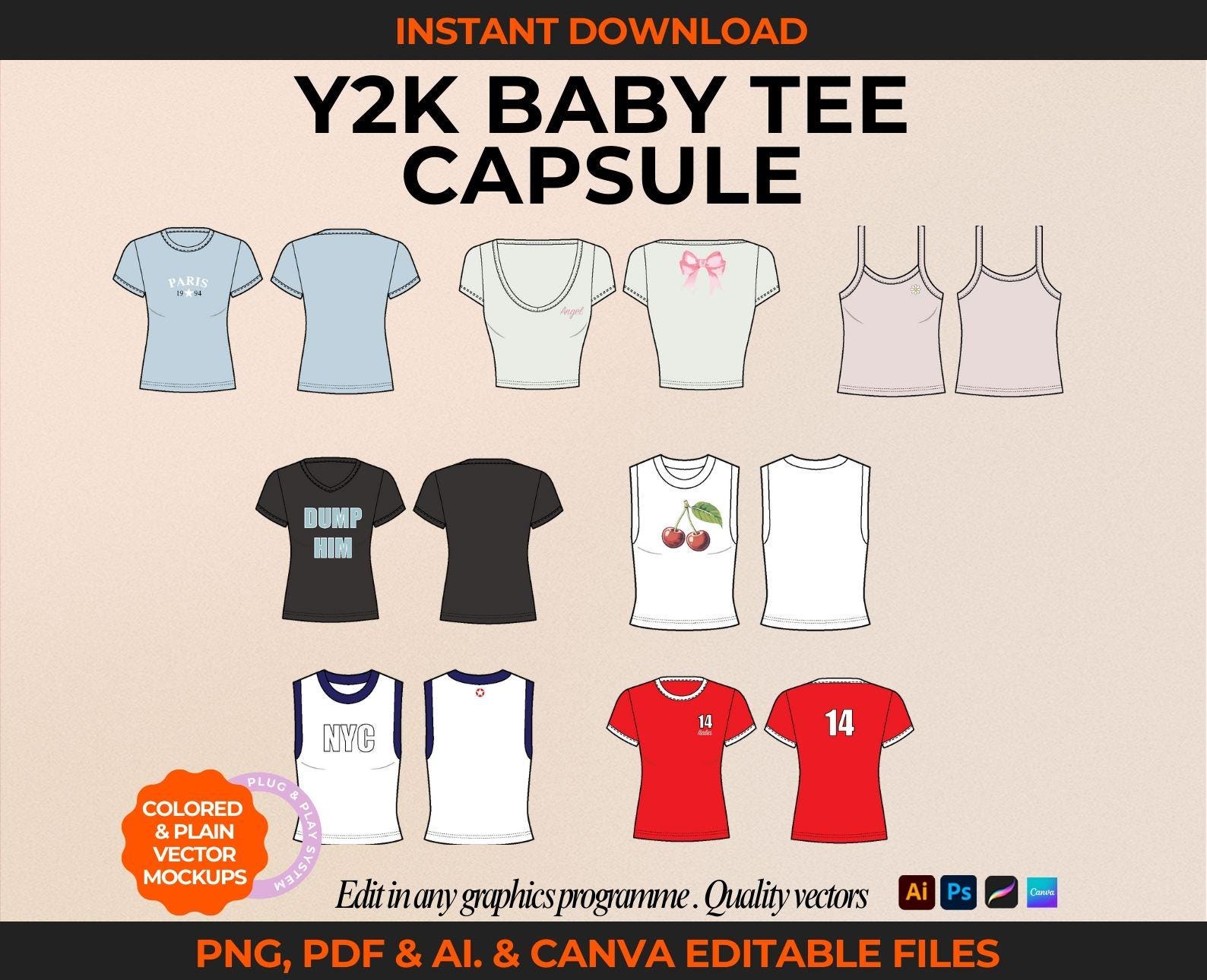 Y2K Baby Tee Mockup Streetwear Vector Fashion Flat T-Shirt Tech Pack Template Clothing Mock up Tech Drawing Bundle Fashion Design Template