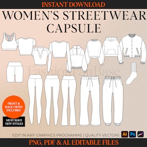 May include: A digital illustration of a women's streetwear capsule collection. The illustration includes a variety of clothing items, including tops, trousers, shorts, and a jacket. The clothing is all in a simple, minimalist style.