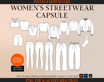 May include: A digital illustration of a women's streetwear capsule collection. The illustration includes a variety of clothing items, including tops, trousers, shorts, and a jacket. The clothing is all in a simple, minimalist style.