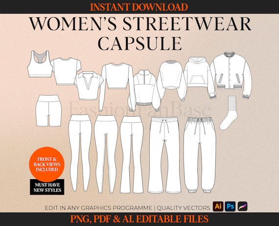 Women's Streetwear Vector Mockup Pack Fashion Tech Pack Template Clothing Vector Fashion Design Template Fashion Drawing Hoodie Vector