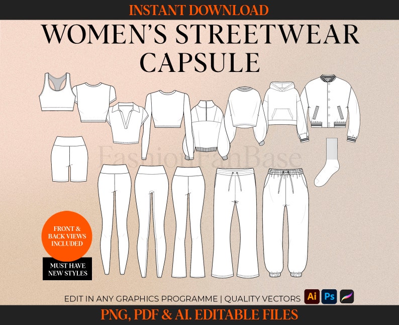 STREETWEAR VECTORS Fashion Tech Pack Template Kit Fashion Design Templates Fashion Drawings Fashion Sketches Clothing Mock Ups streetwear tech pack Clothing design activewear designs merch designs activewear designer fashion flats tech drawing