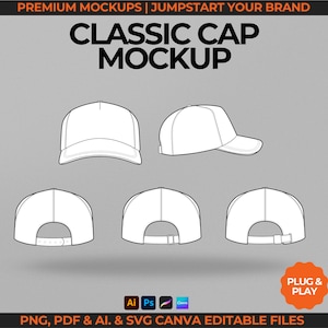May include: A mockup of a classic cap design, shown from various angles. The image presents a white baseball cap design against a grey background. Text at the top reads "PREMIUM MOCKUPS | JUMPSTART YOUR BRAND" and "CLASSIC CAP MOCKUP".
