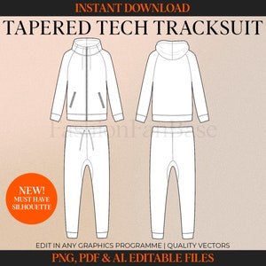 Tapered Tech Tracksuit Set Vector Hoodie Mock up Sweatshirt Tech Fleece Drawing Jogger Streetwear Vector Fashion Tech Pack Template