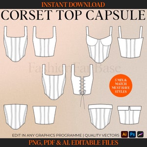 Corset Drawing Bustier Vector Shapewear Tech Pack Template Fashion Flat Clothing Mock up Tech Drawing Bundle Fashion Design Template