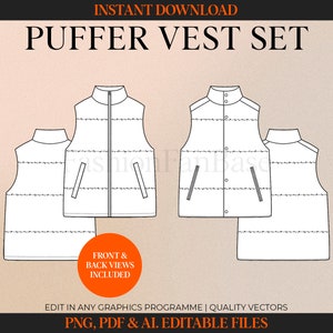Könnte beinhalten: Eine weiße Strichzeichnung eines Puffer-Westen-Sets, das Vorder- und Rückansichten zeigt. Die Westen haben einen hohen Kragen, Taschen und einen Reißverschluss oder Knopfverschluss. Text enthält "PUFFER VEST SET" und "INSTANT DOWNLOAD".