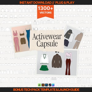 May include: A digital collection of 1300+ vector illustrations titled Activewear Capsule, featuring various clothing designs like leggings, sports bras, jackets, and skirts displayed on cards with software icons for Adobe Illustrator, Photoshop, and Canva.